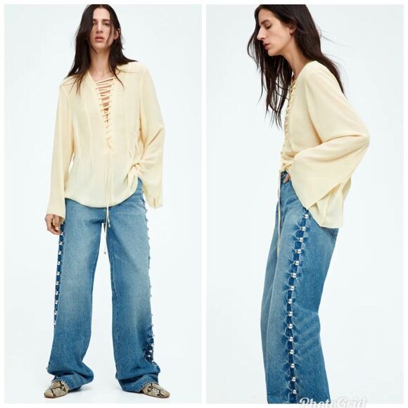 H&M Edition S/S 2025 Lacing-Detail Chiffon Pale Yellow Blouse Lace-Up - Picture 2 of 5